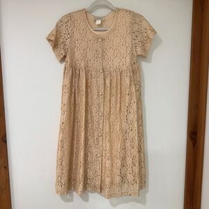 Elena Collection Lace Button Front Dress Kids 9-10 Beige Pearl Detail | Coquette
